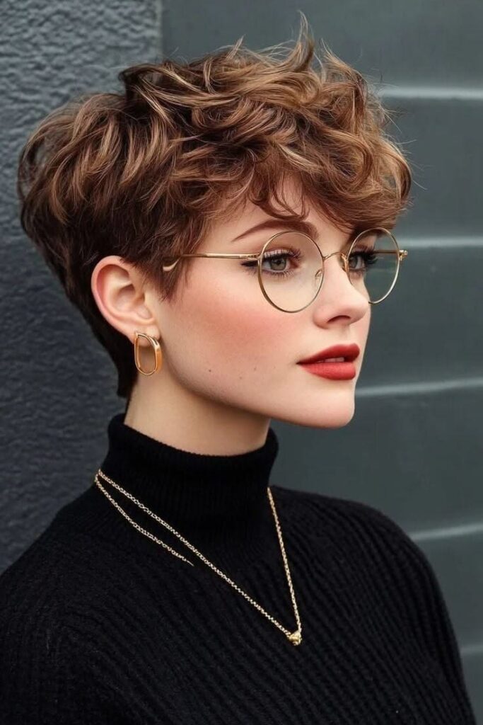 Curly Brown Pixie with Soft Fringe and Gold Round Glasses