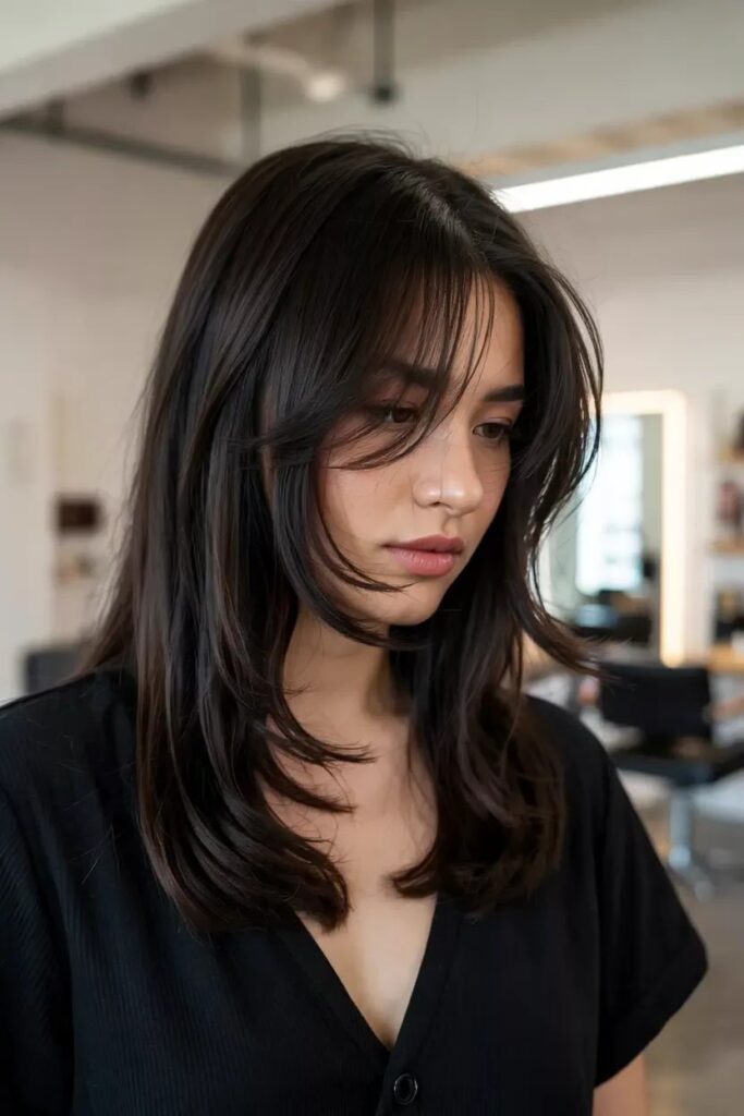 Dark Brown Layered Haircut with Soft Face Framing Layers