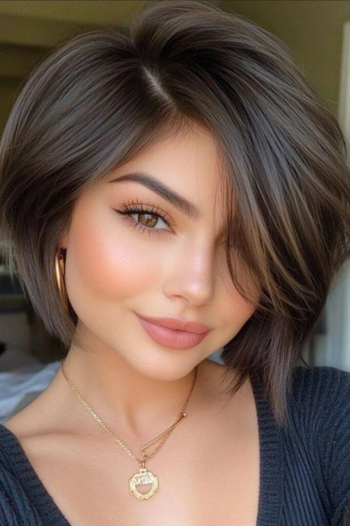 Dark Brown Rounded Bob with Side Fringe