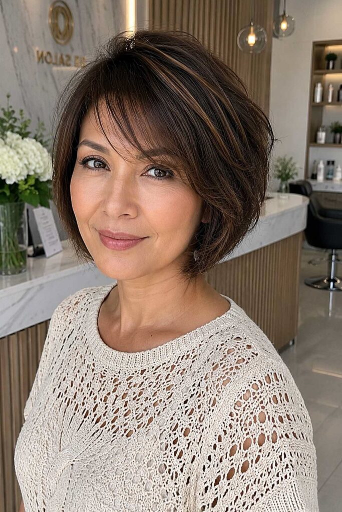 Dark Brown Textured Bob with Side-Swept Bangs