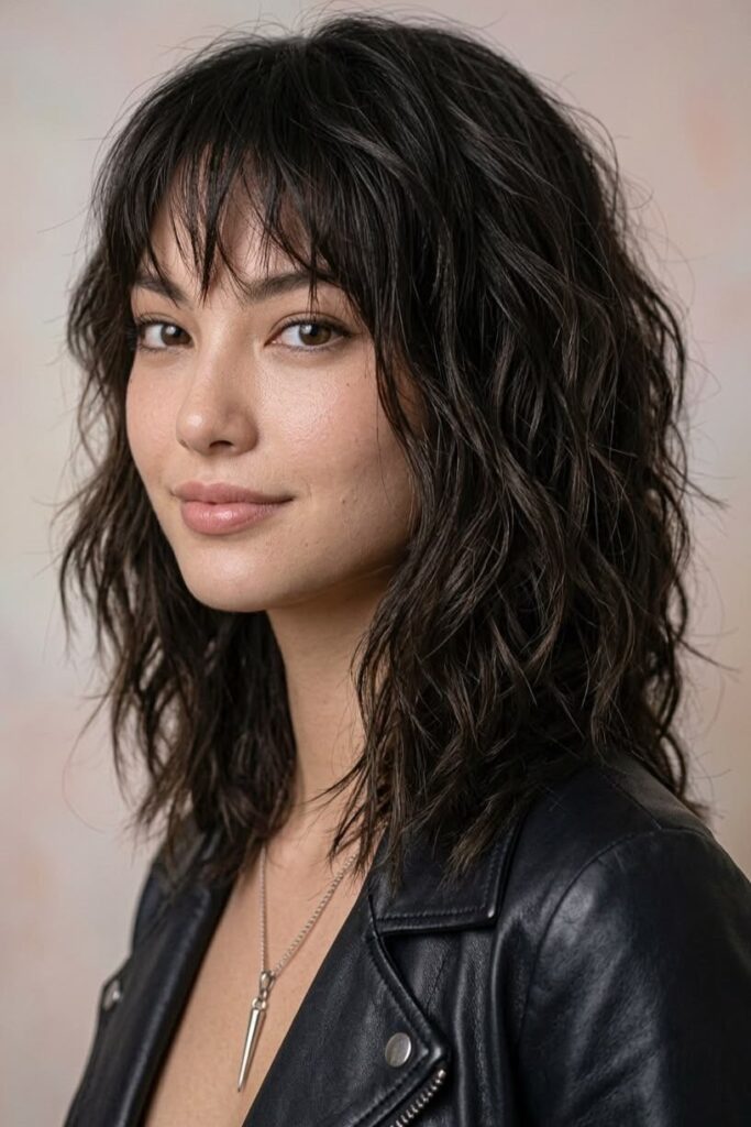 7. Dark Messy Shag with Textured Bangs