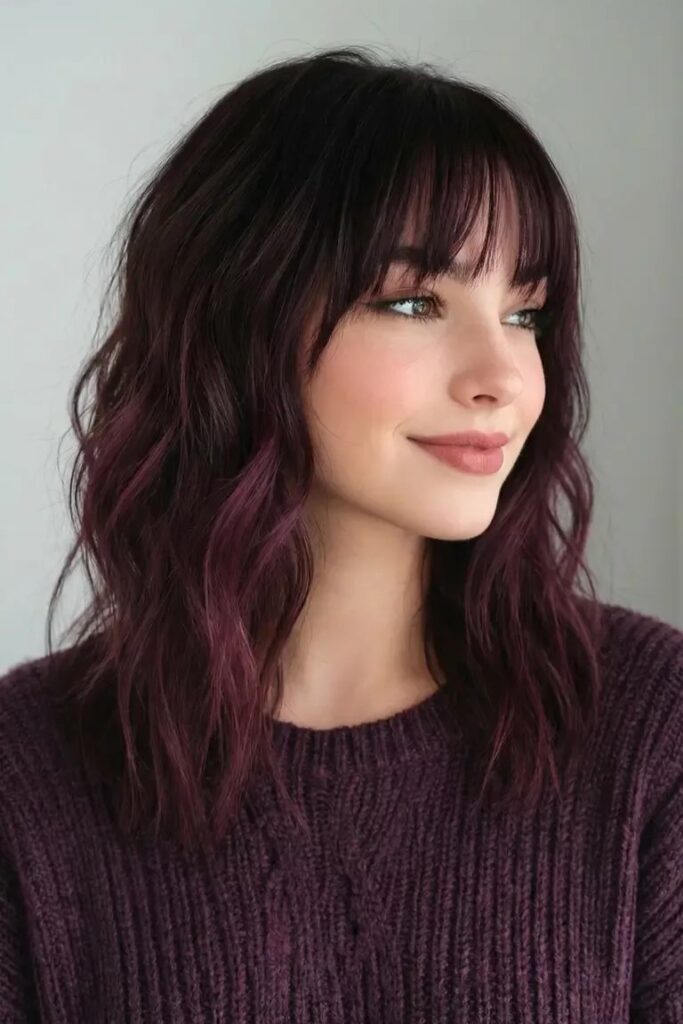 Dark Plum Shag with Full Bangs and Soft Layers