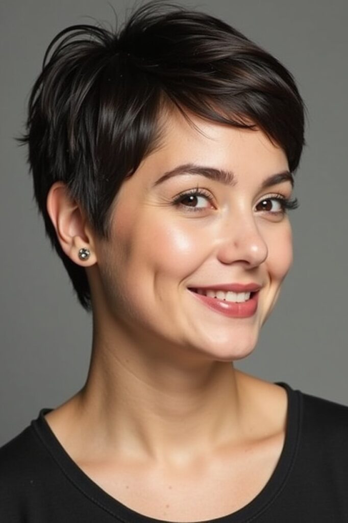 Dark Textured Pixie Cut with Soft Bangs