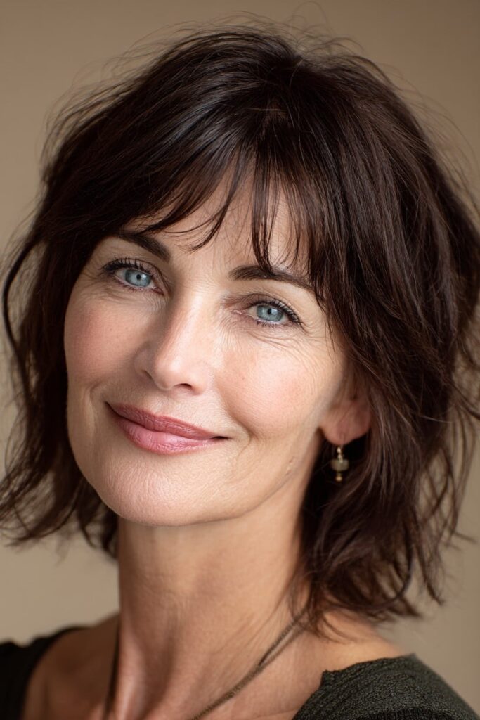 Dark Tousled Shag with Textured Bangs