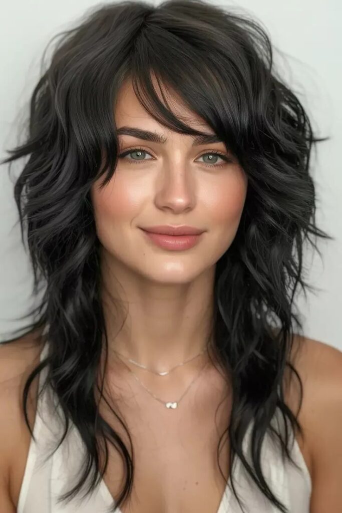 Deep Black Wolf Haircut with Side-Swept Bangs