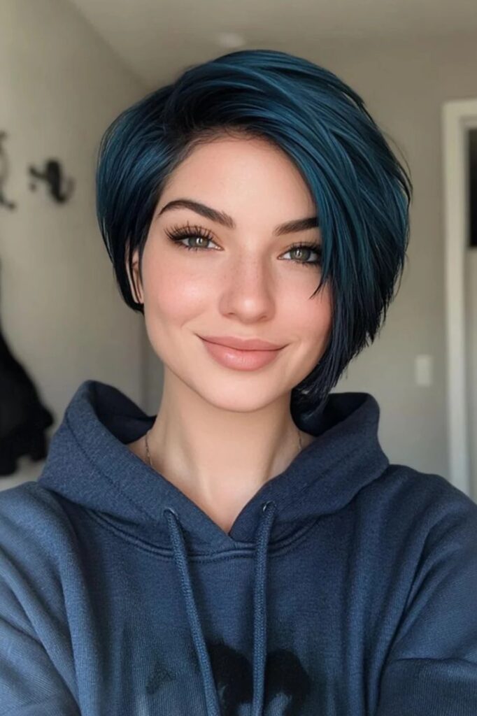 Deep Blue Asymmetric Pixie Cut with Side Part