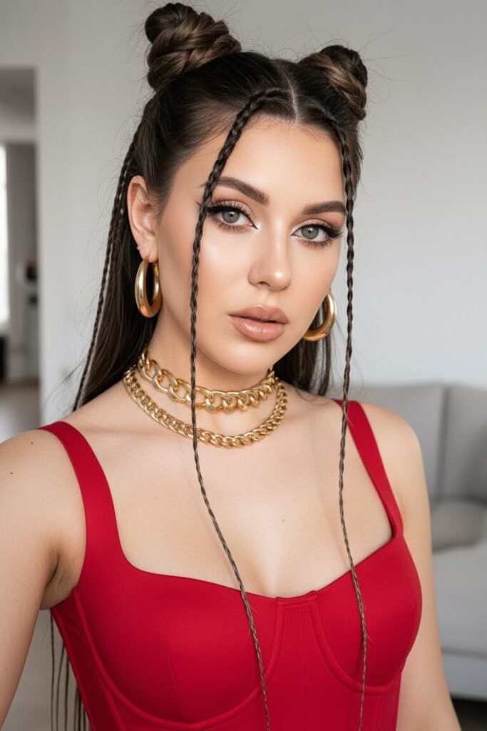 Double Space Buns with Braided Face-Framing Strands