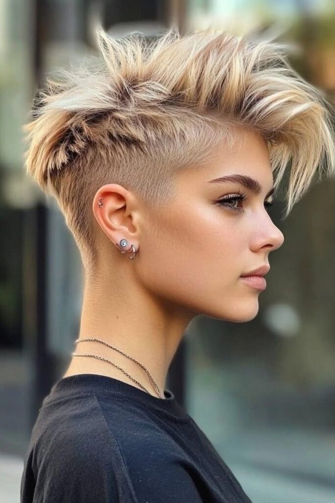 Edgy Blonde Undercut Pixie with Spiky Top and Long Fringe