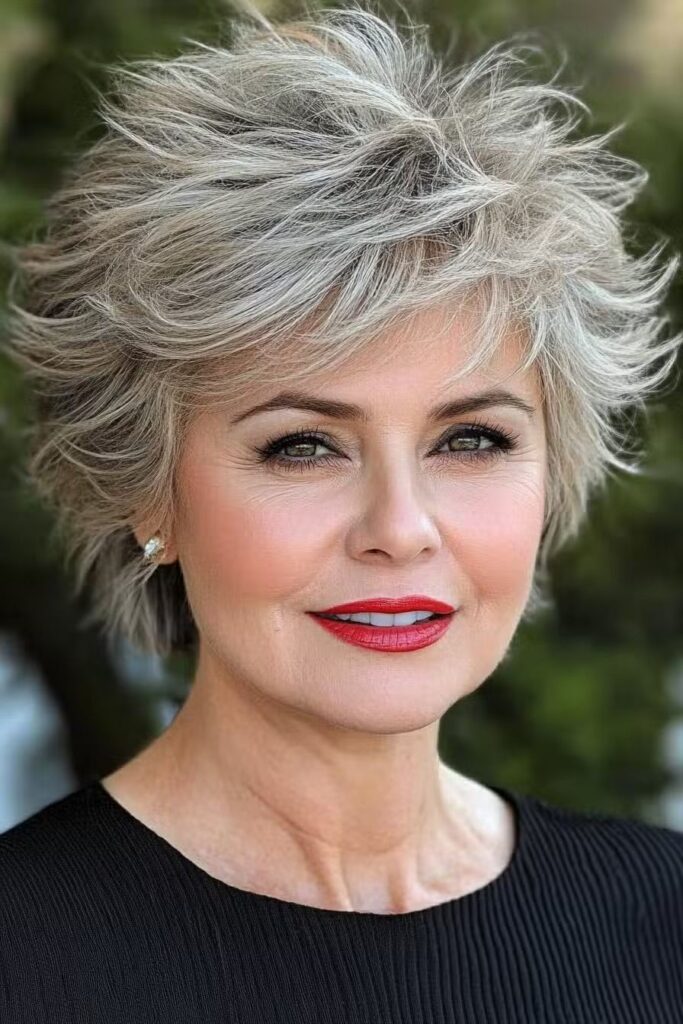 Edgy Textured Pixie with Choppy Layers and Red Lips