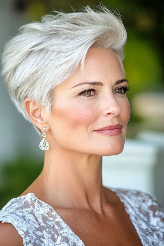 Elegant Feathered Silver Pixie with Soft Side Parting
