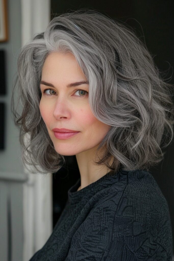 Elegant Silver-Grey Voluminous Bob with Deep Side Part