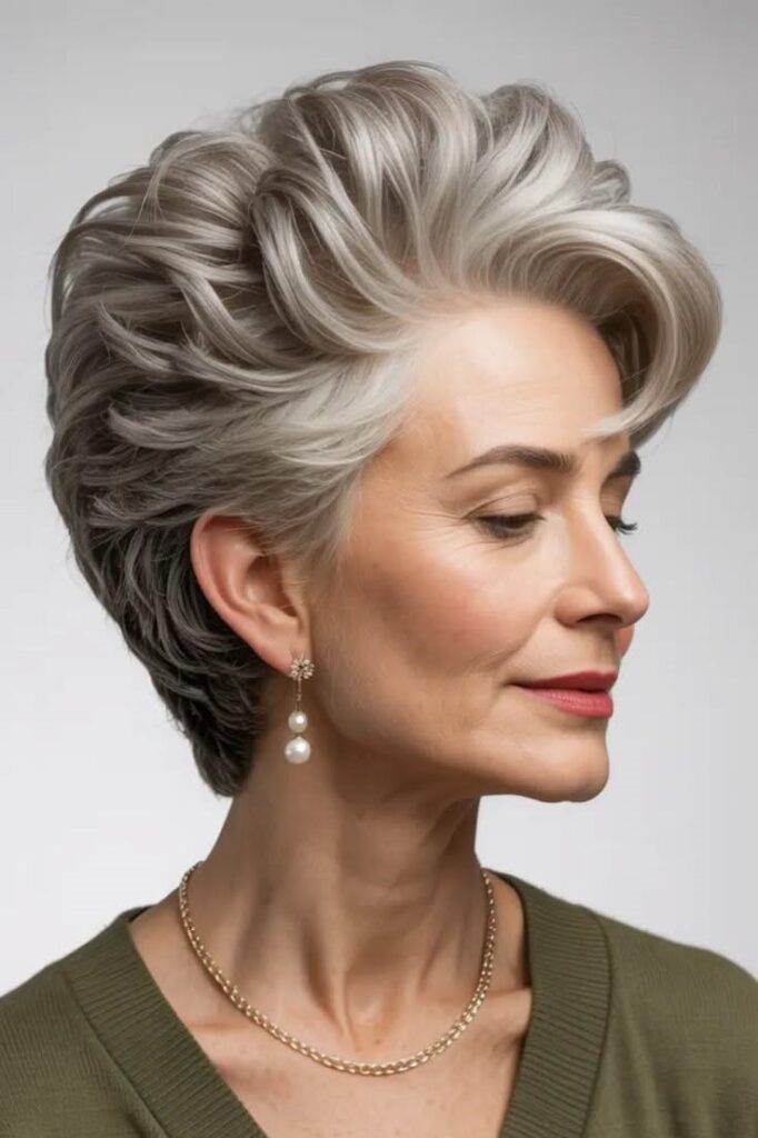 Elegant Silver Volume-Boosted Pixie with Swept-Back Waves