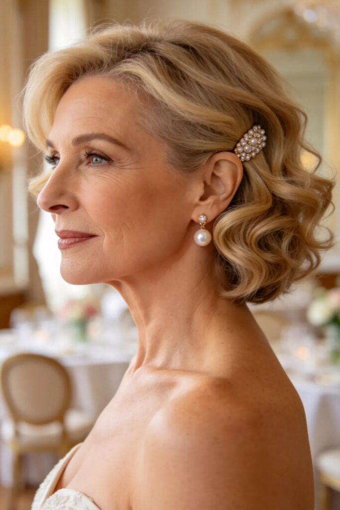 Elegant Wavy Bob with Pearl Hair Clip