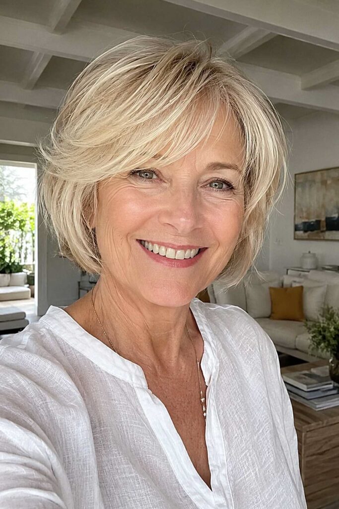 24. Feathered Blonde Bob with Volume and Soft Bangs