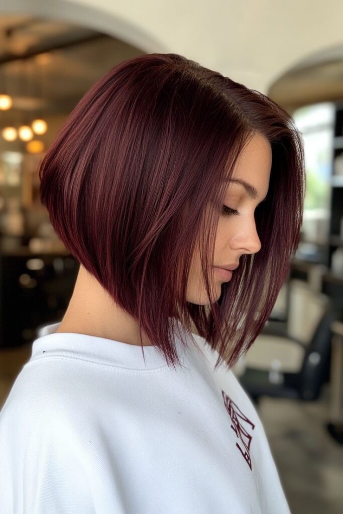 Glossy Dark Burgundy Angled Bob with Side Sweep