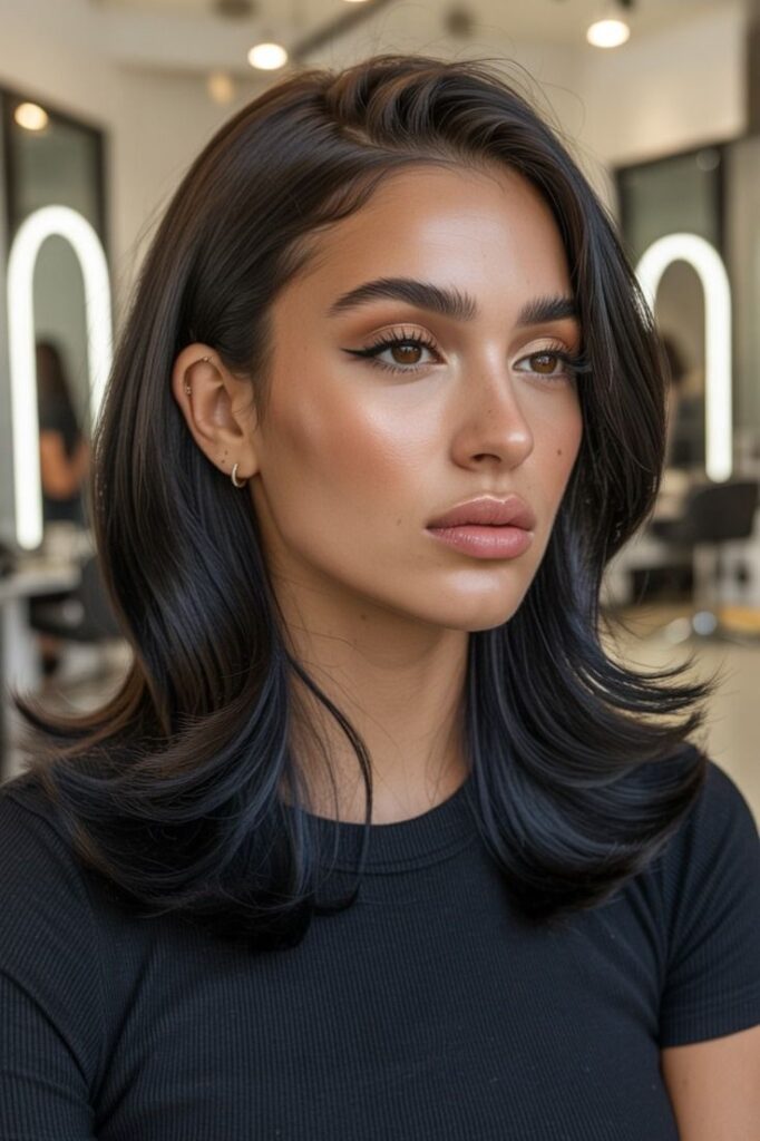Glossy Dark Voluminous Blowout with Curved Ends