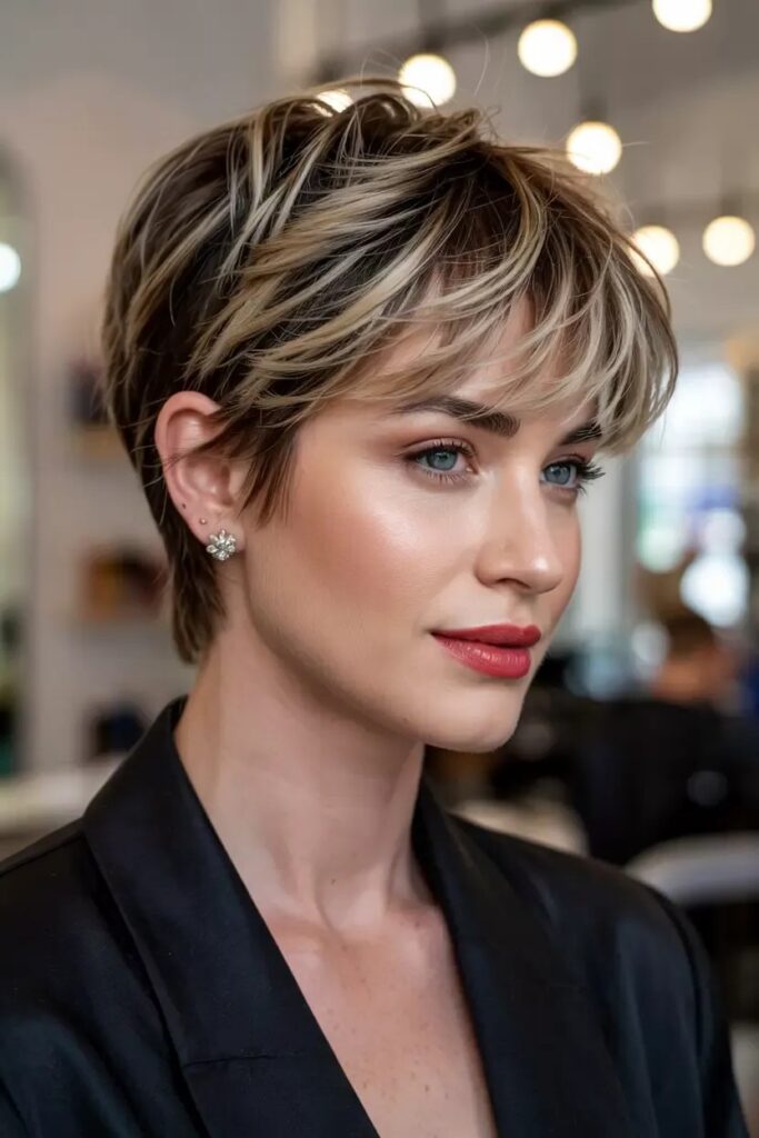 Highlighted Blonde Pixie Cut with Textured Fringe