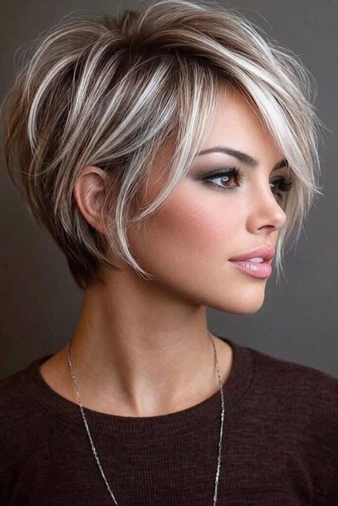 Highlighted Brown Pixie Bob with Face-Framing Blonde Streaks
