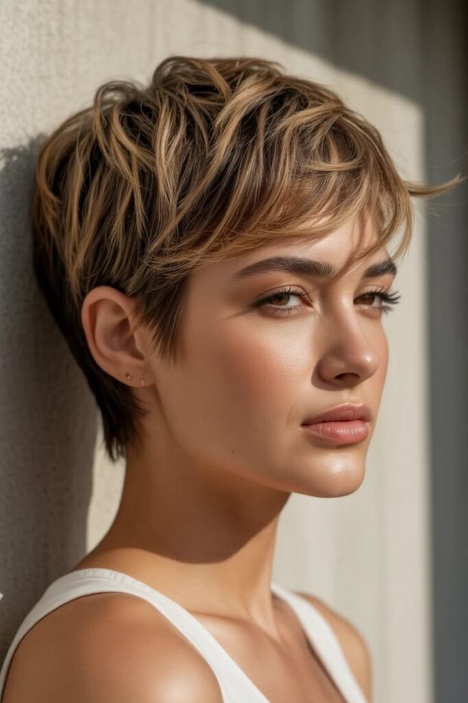 Highlighted Honey Blonde Layered Pixie Cut