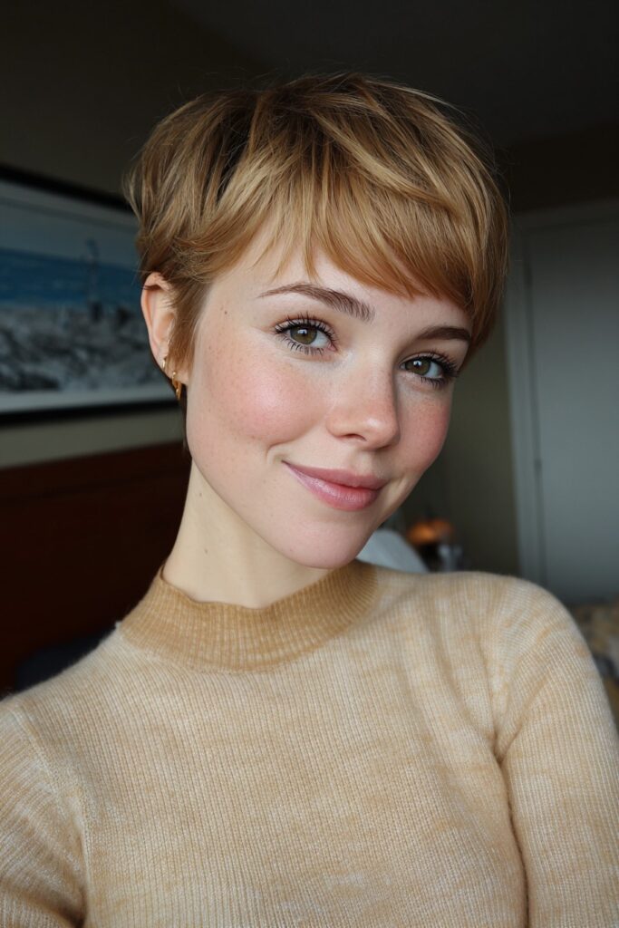Honey Blonde Pixie Cut with Soft Layered Bangs