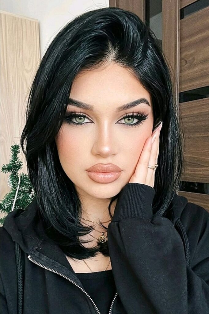 Jet Black Medium Layered Cut with Side Part