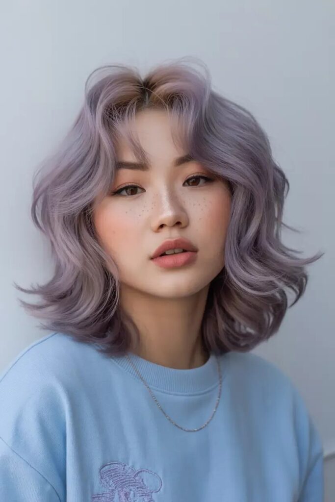 Lavender Wavy Bob with Soft Center-Parted Bangs