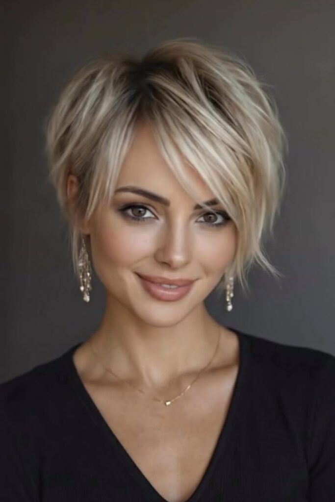 Layered Ash Blonde Pixie Cut with Feathered Bangs