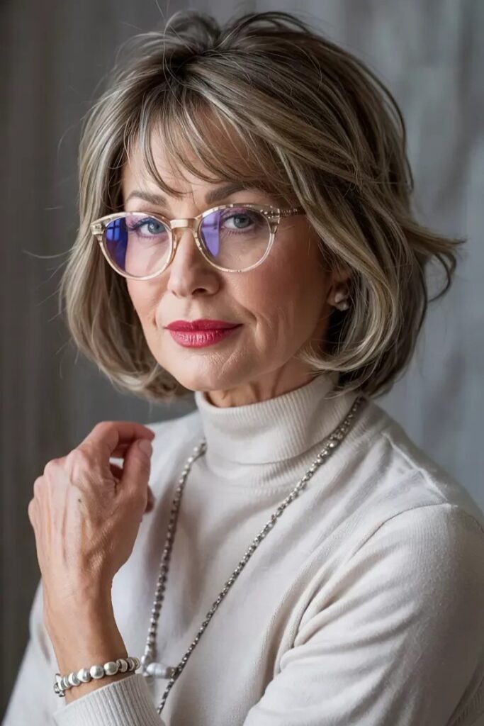 4. Layered Blonde Bob with Curtain Bangs and Glasses