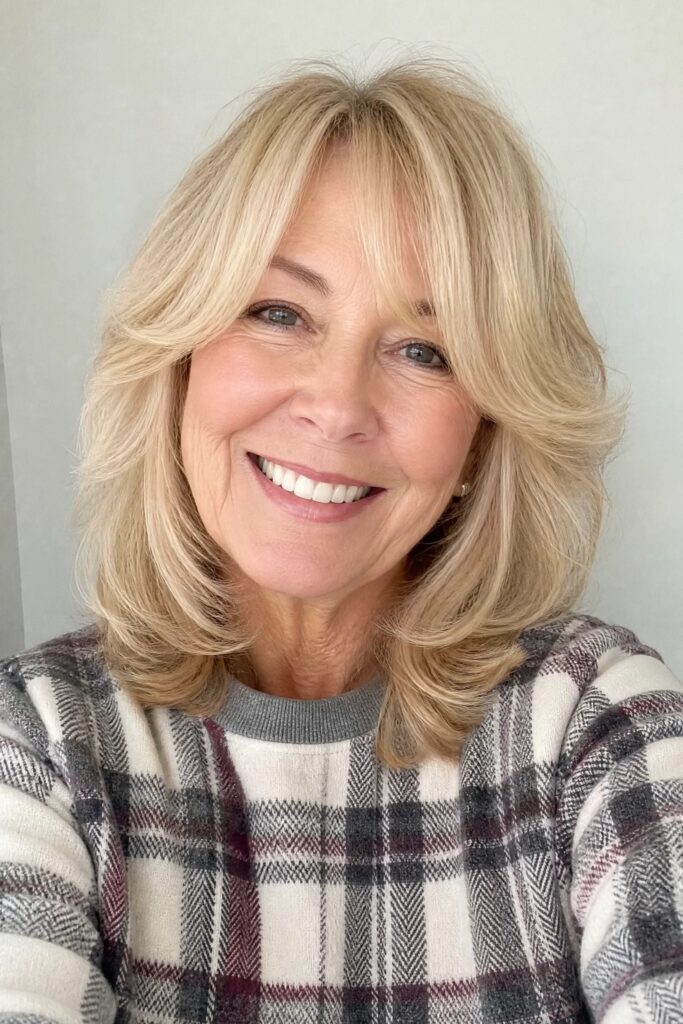 25. Layered Blonde Shag with Curtain Bangs
