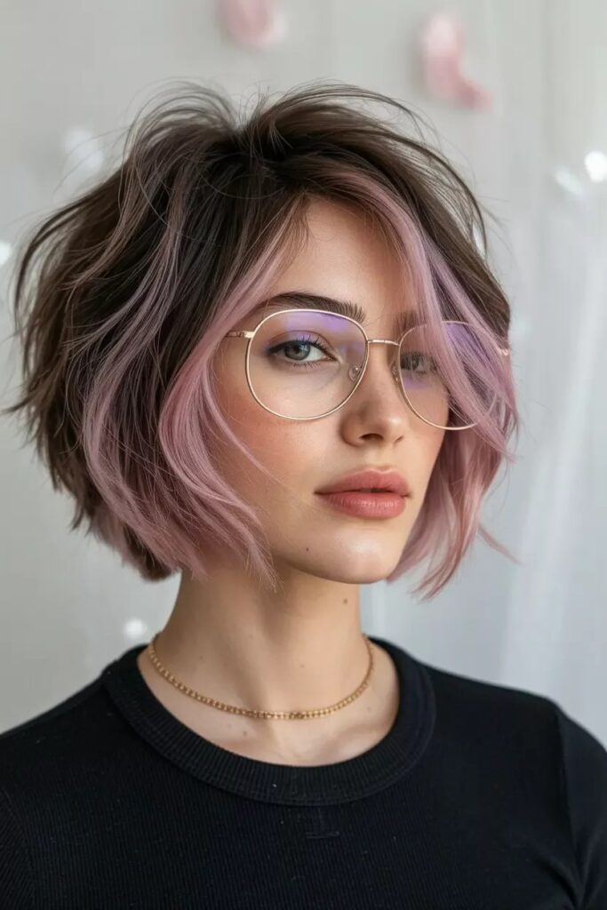 Layered Bob with Soft Pink Highlights and Curtain Bangs