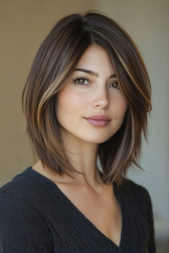 68. Layered Brown Hair with Caramel Face-Framing Highlights