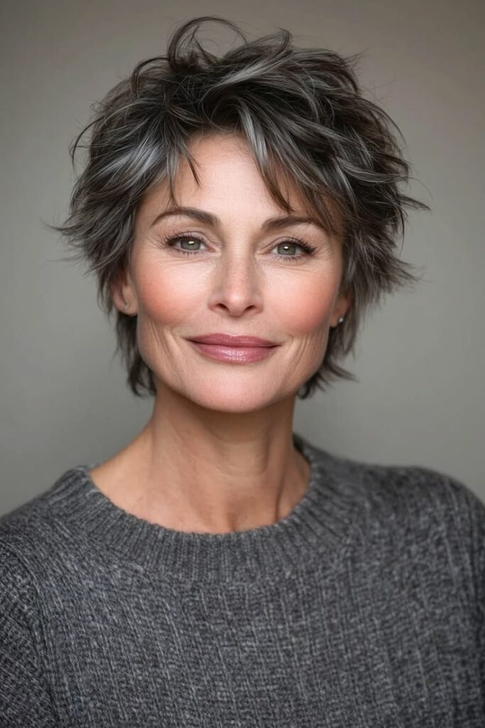 Layered Dark Grey Shaggy Pixie with Wispy Bangs