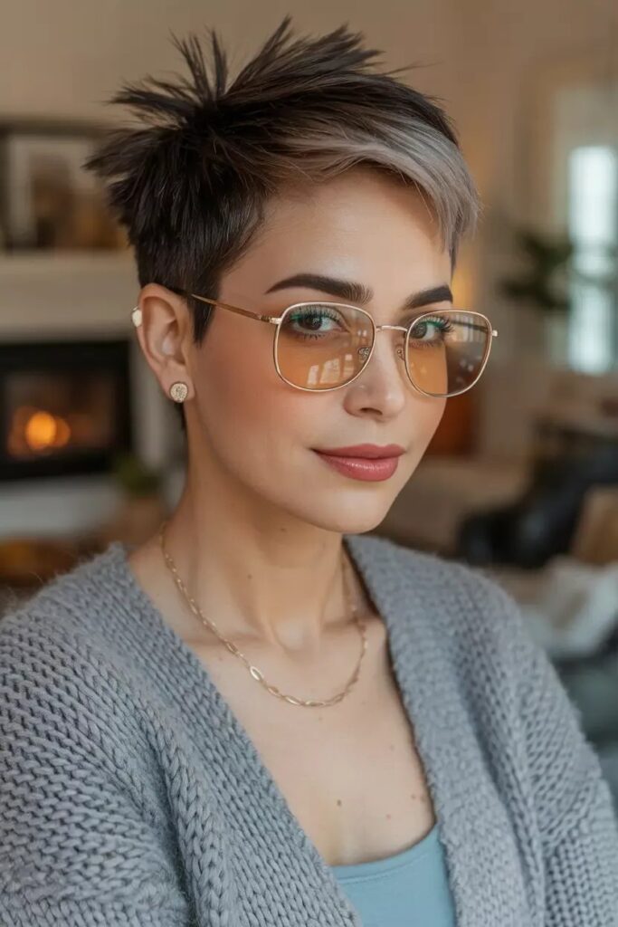 Layered Dark Pixie with Frosted Highlights and Warm-Tinted Glasses