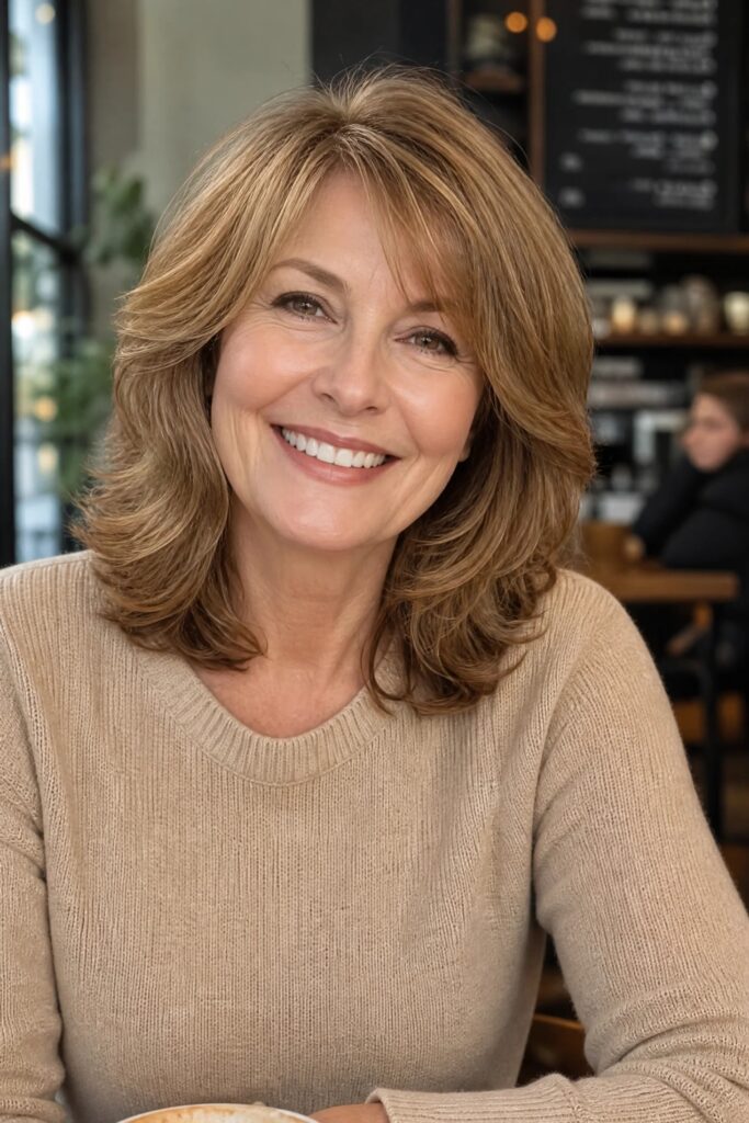 27. Layered Honey Blonde Shag with Side-Swept Bangs