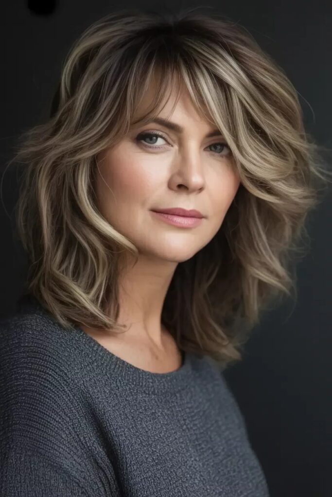 Layered Medium-Length Cut with Side-Swept Bangs and Blonde Highlights