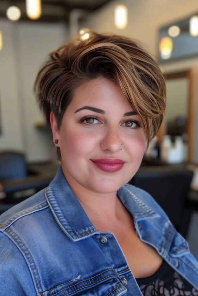 49. Layered Pixie Cut with Honey Blonde Highlights
