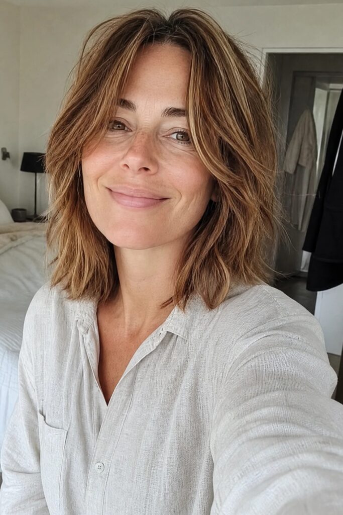 Layered Shaggy Bob with Warm Blonde Highlights