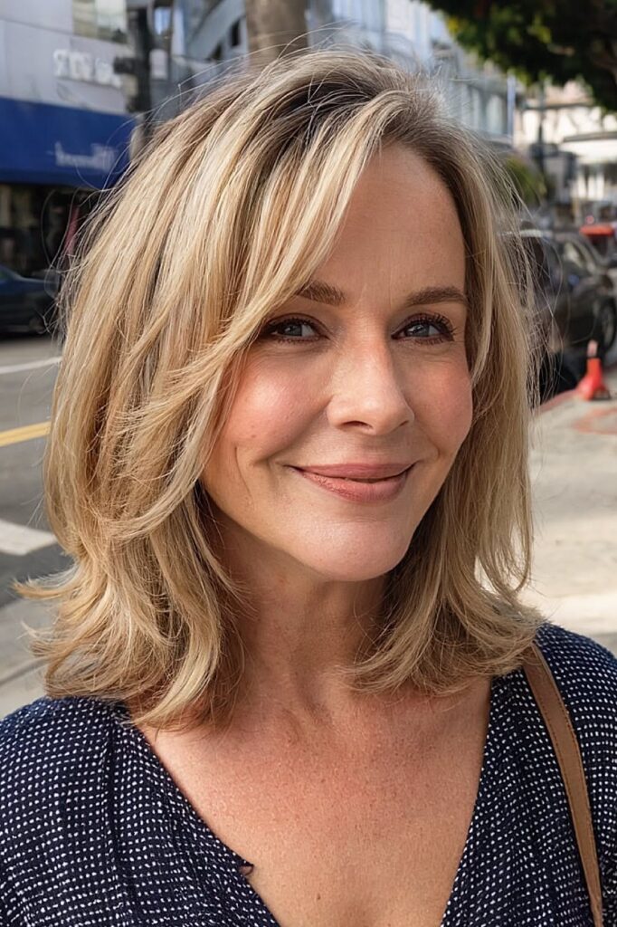 Layered Shoulder-Length Hair with Side Part and Highlights