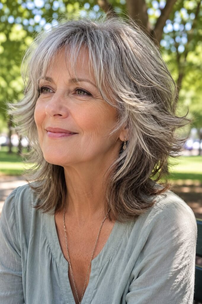 Layered Silver Shoulder-Length Cut with Soft Wispy Bangs