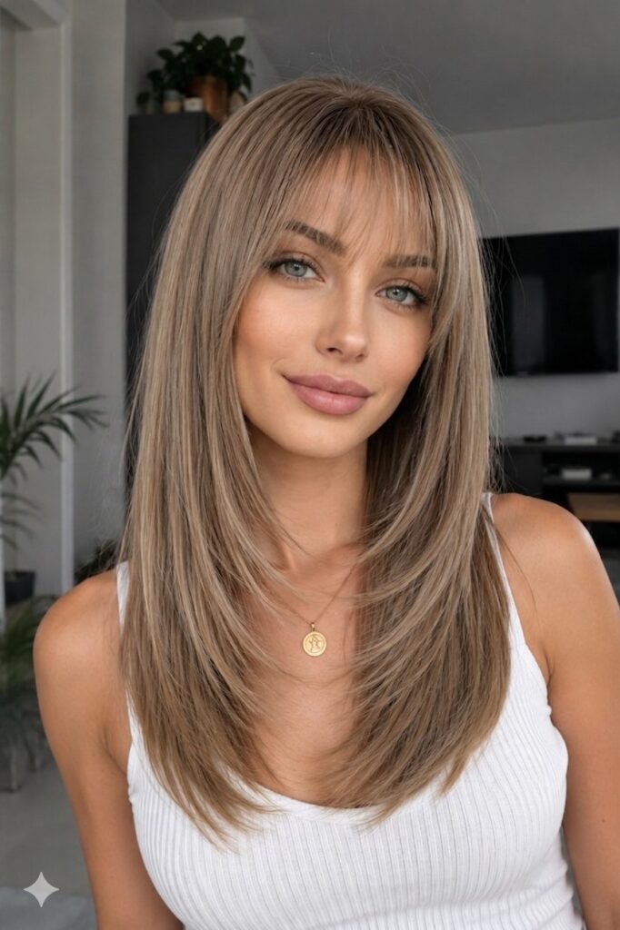 Long Layered Hair with Face-Framing Bangs