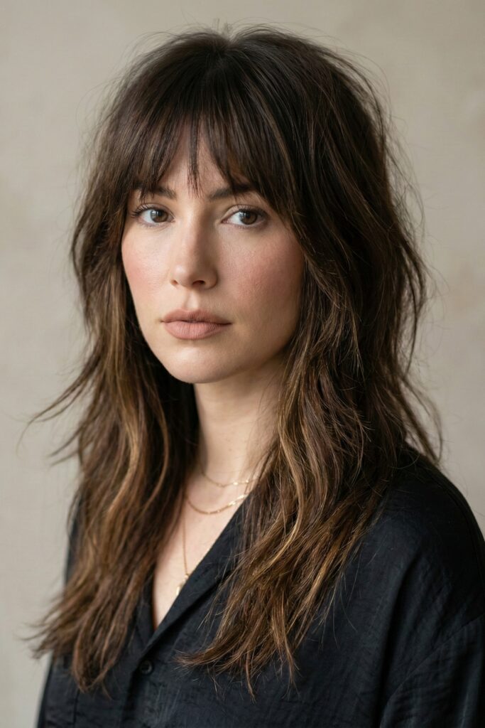 Long Layered Shag with Straight Bangs and Soft Face-Framing Ends