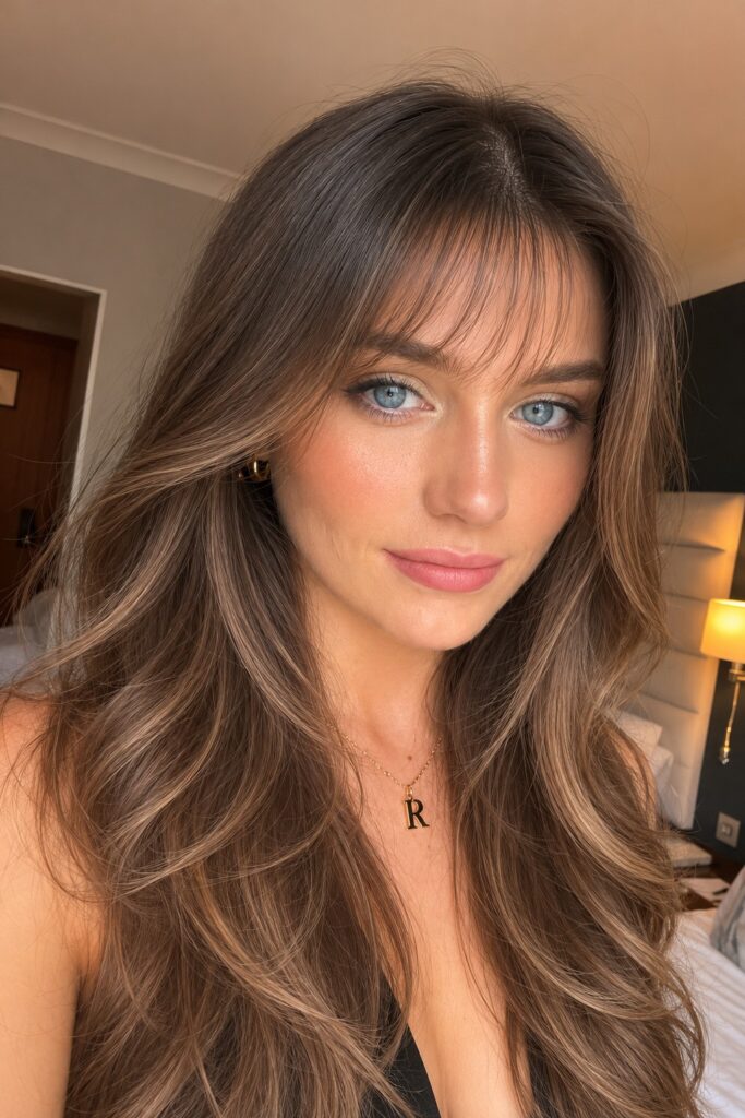 Long Layered Waves with Soft Curtain Bangs and Highlights