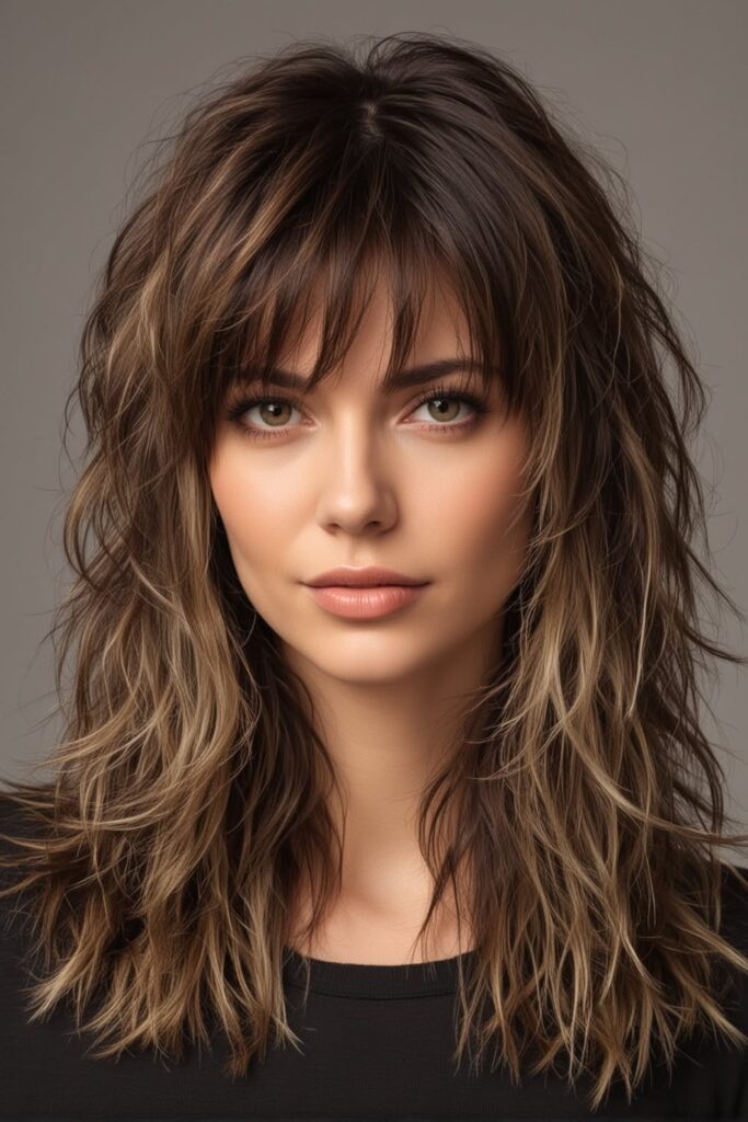 20. Textured Shag with Subtle Highlights and Bangs