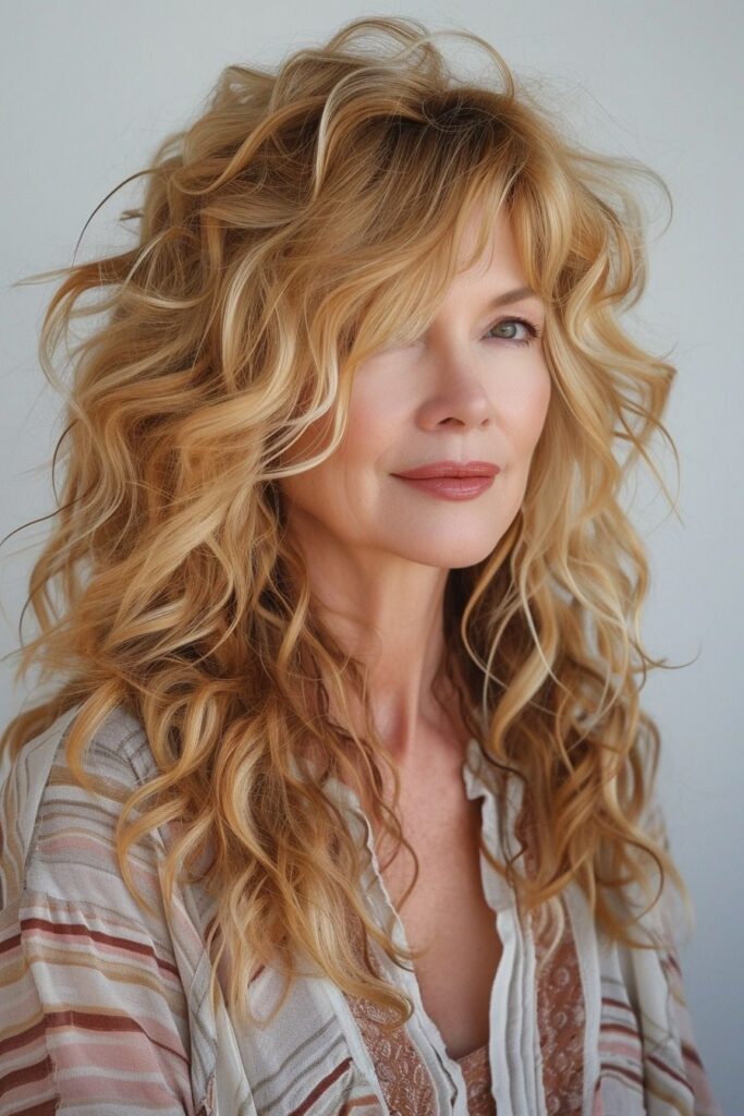 Long Voluminous Blonde Curls with Layered Bangs