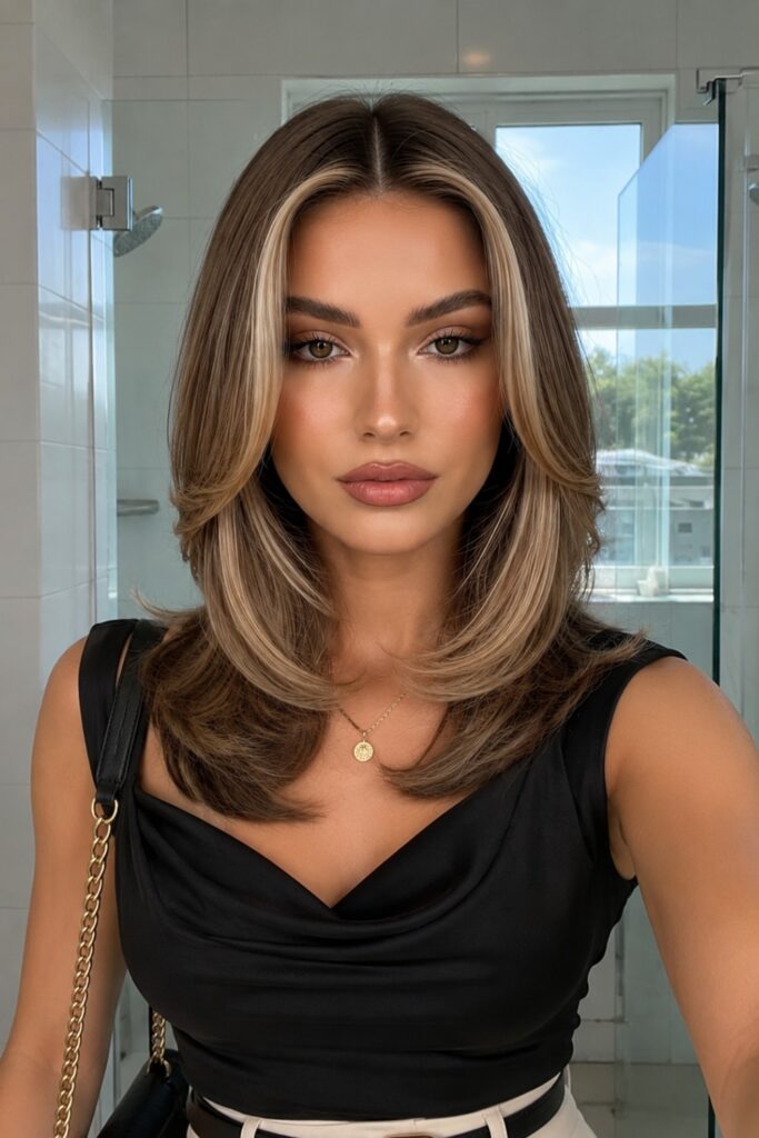 Medium-Length Layered Haircut with Face-Framing Blonde Highlights