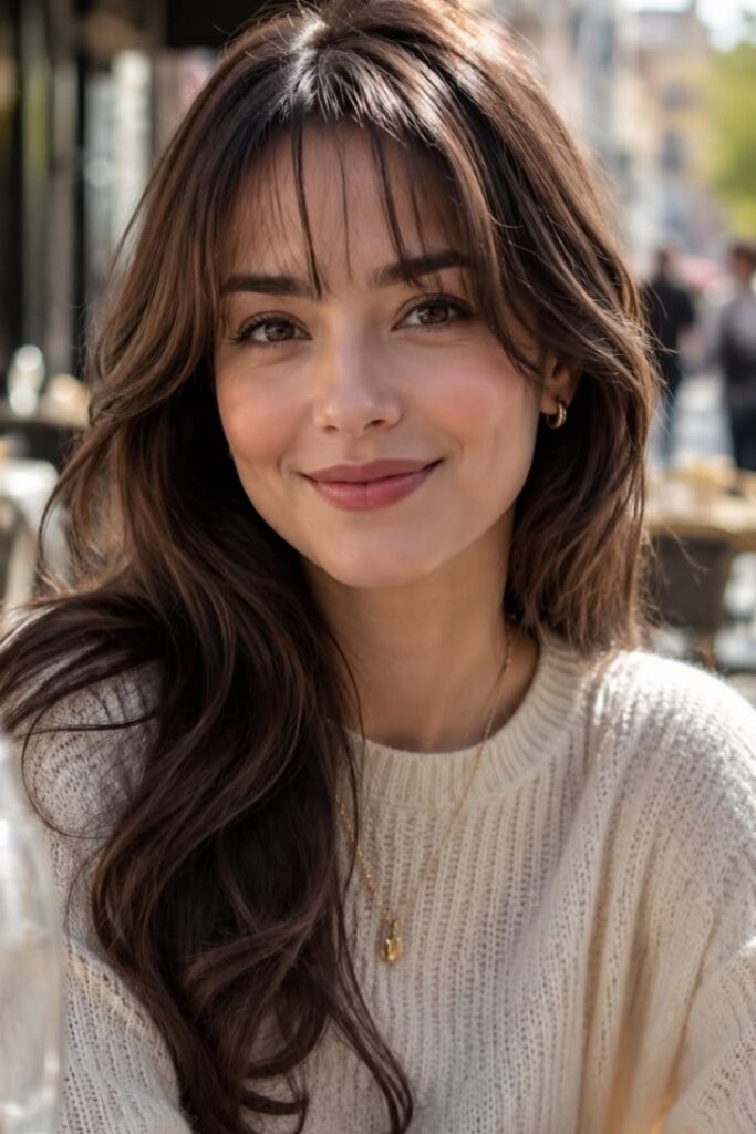 Medium-Length Wavy Hair with Layered Face-Framing Bangs