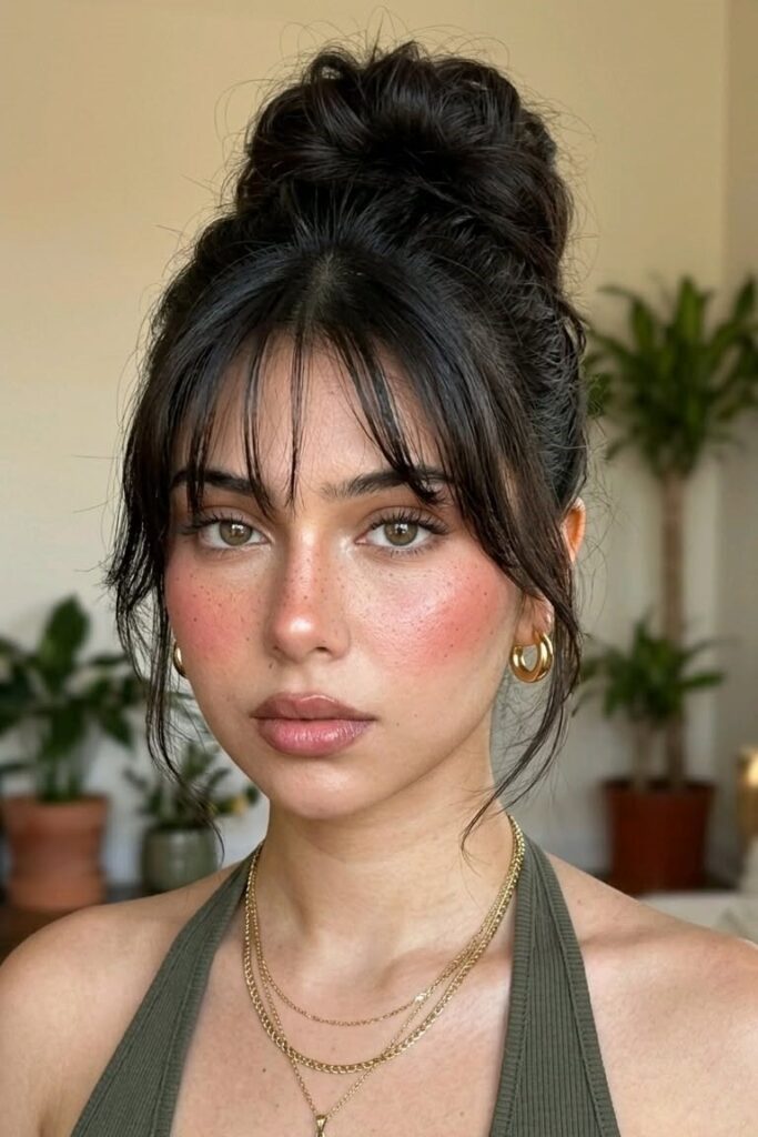 Messy High Bun with Loose Face-Framing Pieces