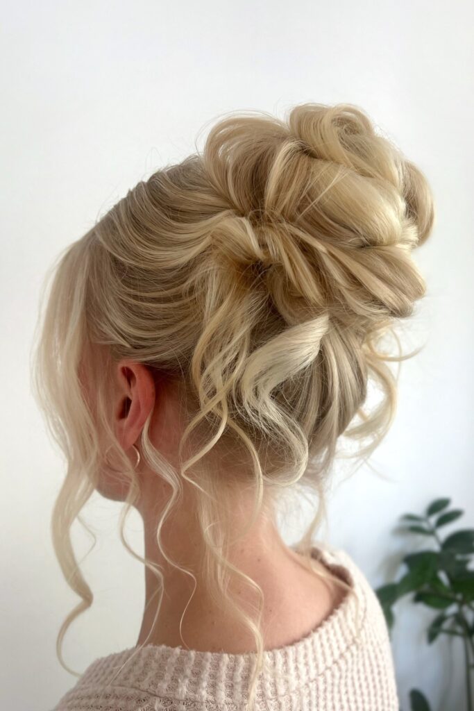Messy High Updo with Soft Curled Wisps