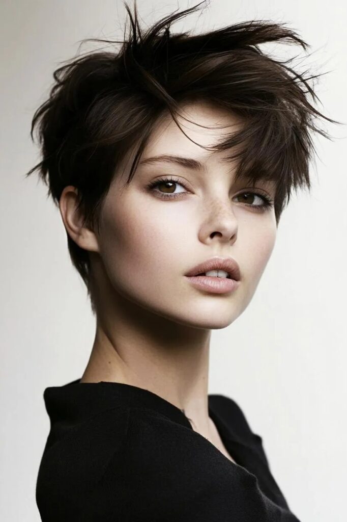 Messy Textured Dark Pixie Crop with Wisp Bangs