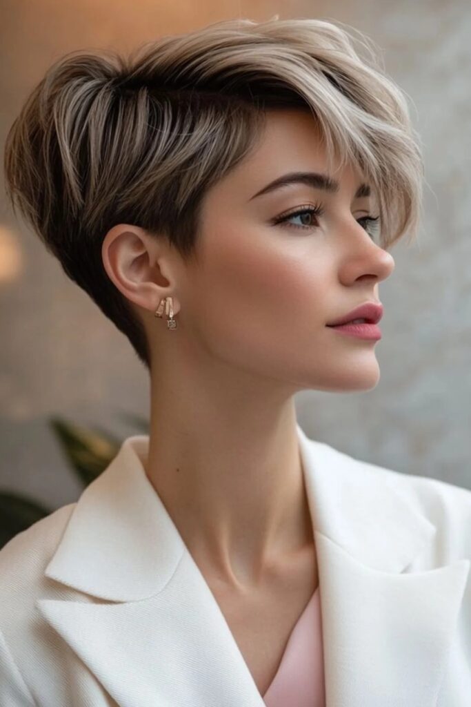 Modern Platinum Blonde Pixie with Side Swept Fringe and Undercut